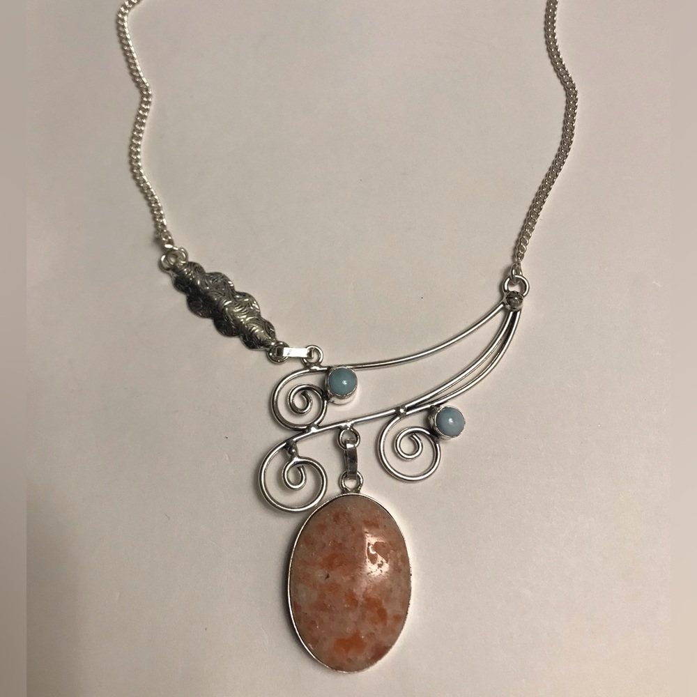 Sunstone Larimar Stamped 925 Sterling Silver Necklace